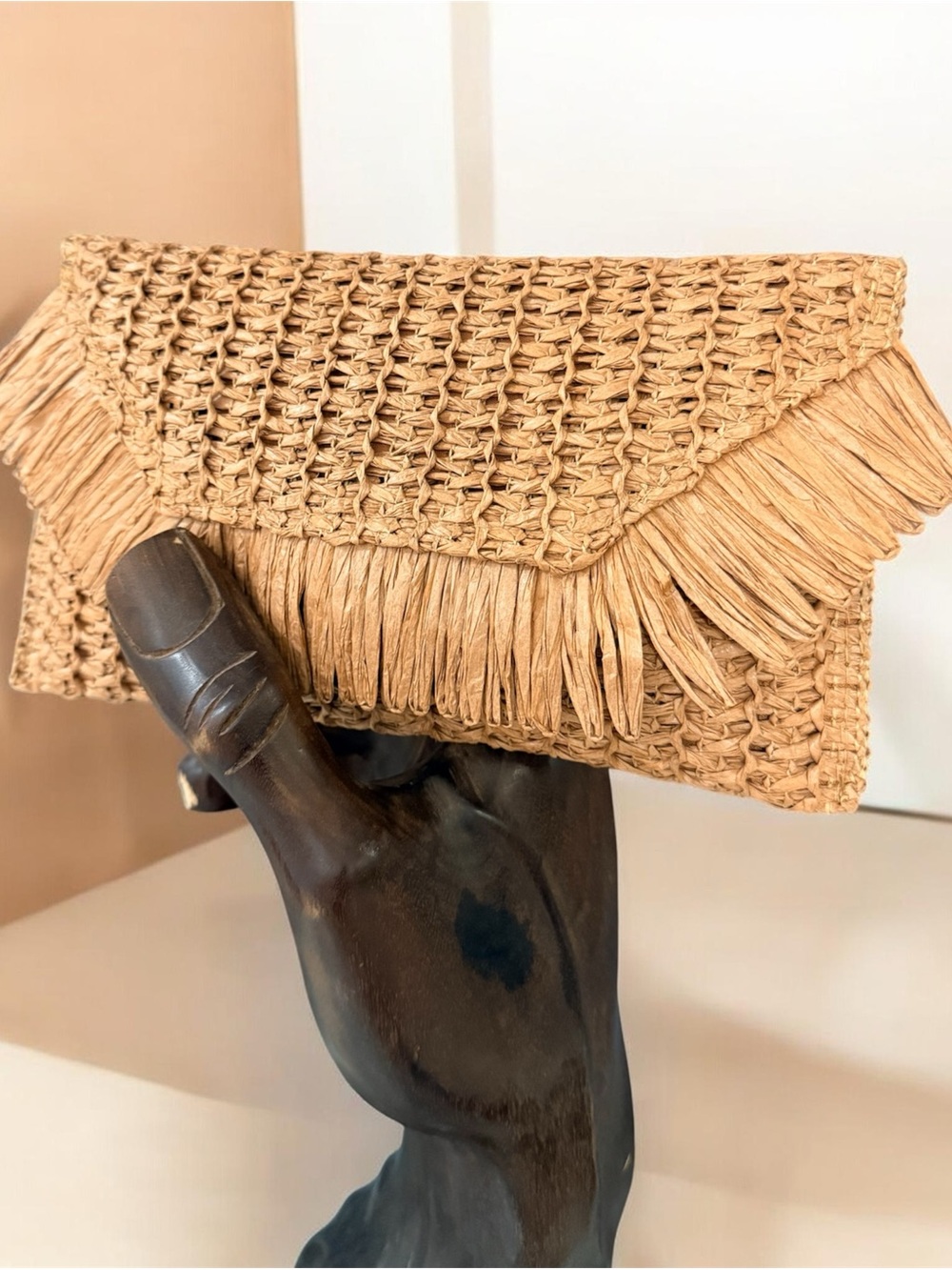 Woven Raffia Fringe Clutch in Natural